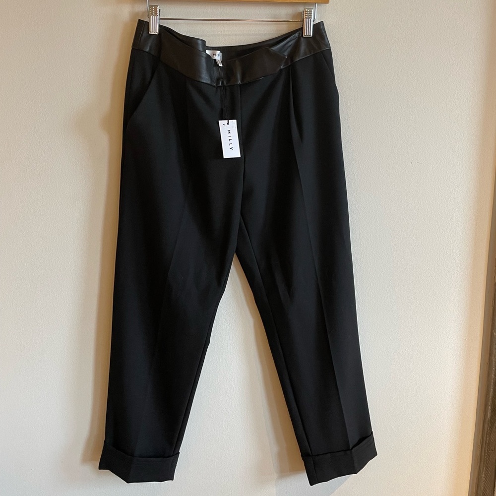 Milly wool cuffed lamb skin leather trimmed trouser, NWT, black size 8